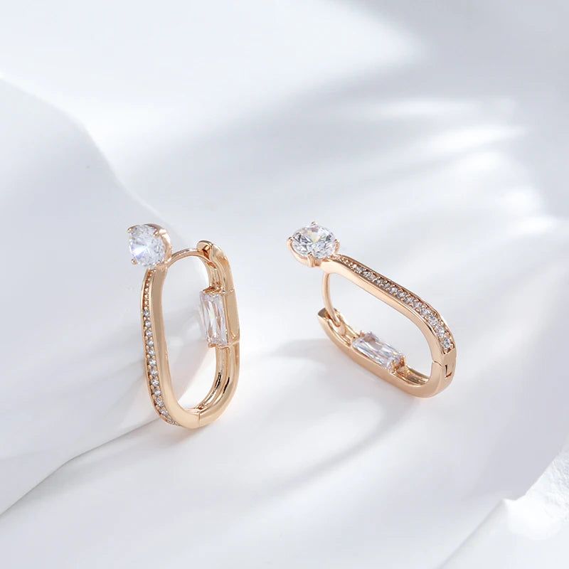 Elaborate Rose Gold Natural Zircon Dangle Hoop Earrings - Trendy Geometric Design