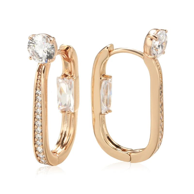 Elaborate Rose Gold Natural Zircon Dangle Hoop Earrings - Trendy Geometric Design