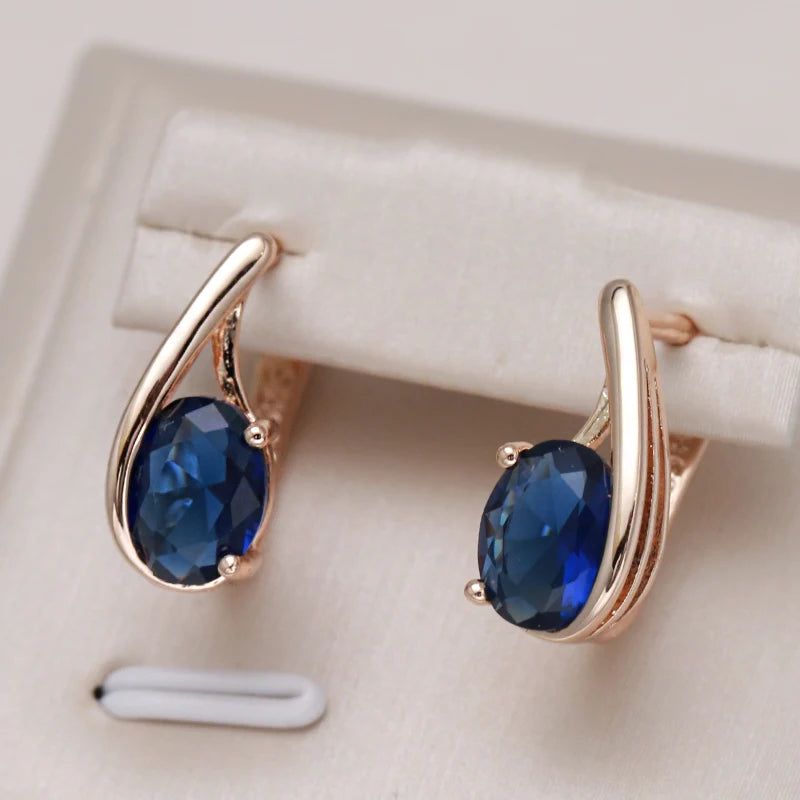 Elegant 585 Rose Gold Big Oval Blue Natural Zircon Drop Earrings