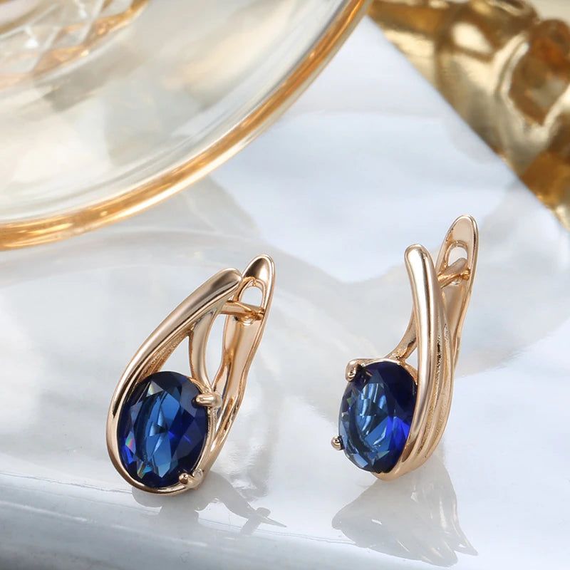 Elegant 585 Rose Gold Big Oval Blue Natural Zircon Drop Earrings