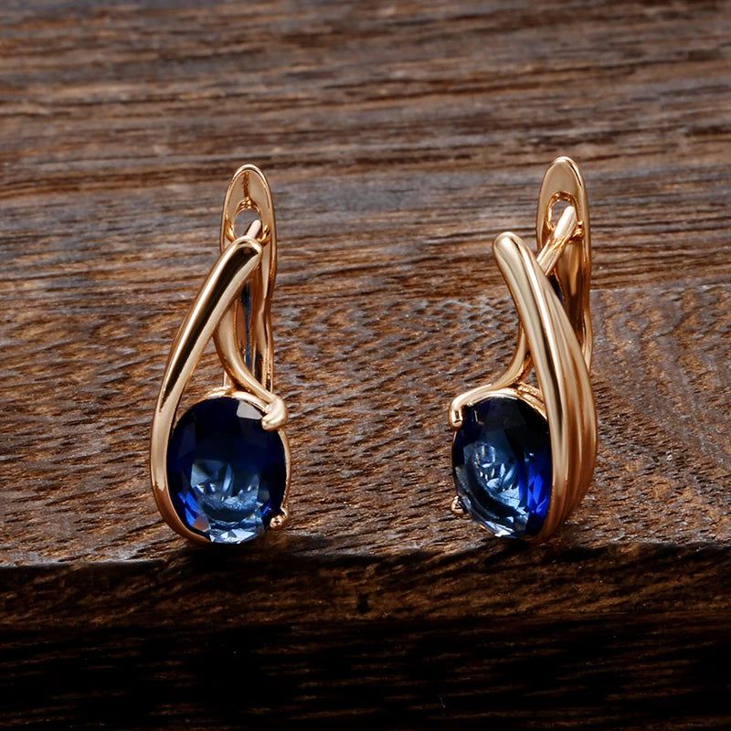 Elegant 585 Rose Gold Big Oval Blue Natural Zircon Drop Earrings