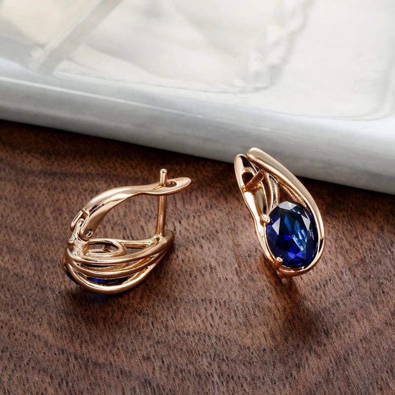 Elegant 585 Rose Gold Big Oval Blue Natural Zircon Drop Earrings