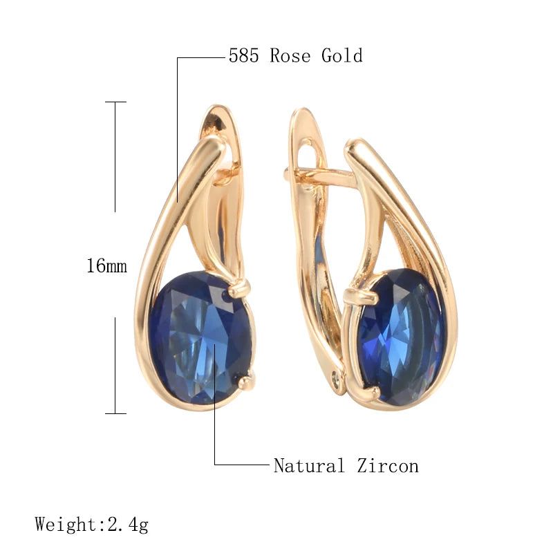 Elegant 585 Rose Gold Big Oval Blue Natural Zircon Drop Earrings