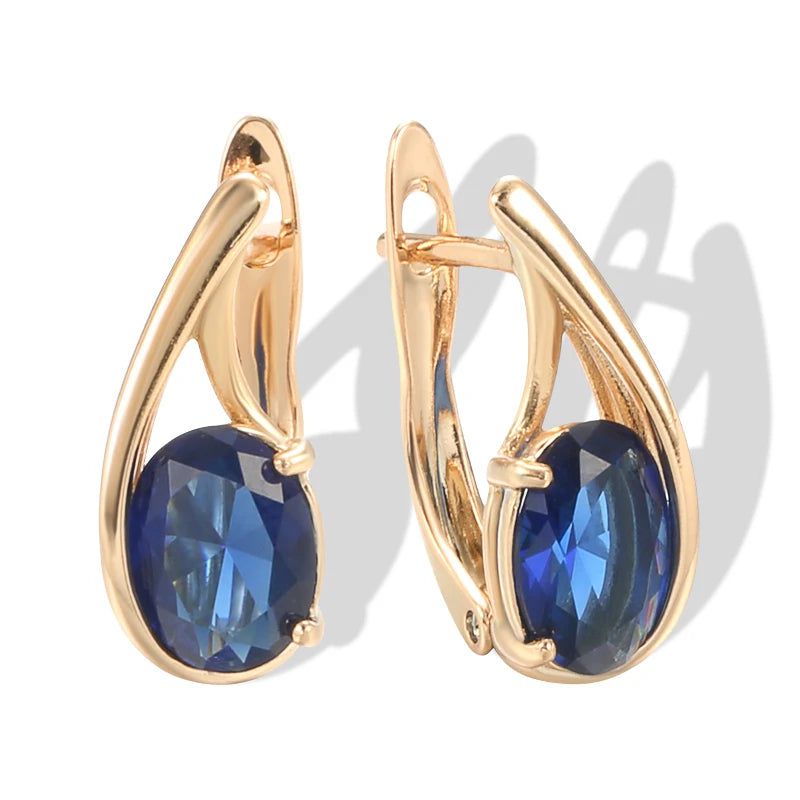 Elegant 585 Rose Gold Big Oval Blue Natural Zircon Drop Earrings