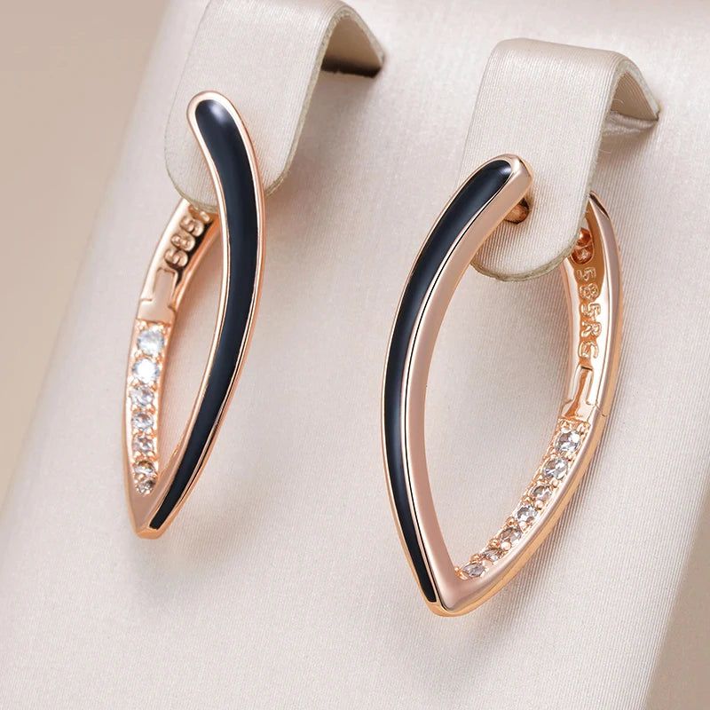 Elegant 585 Rose Gold Black Enamel Drop Earrings with Natural Zircon Accents