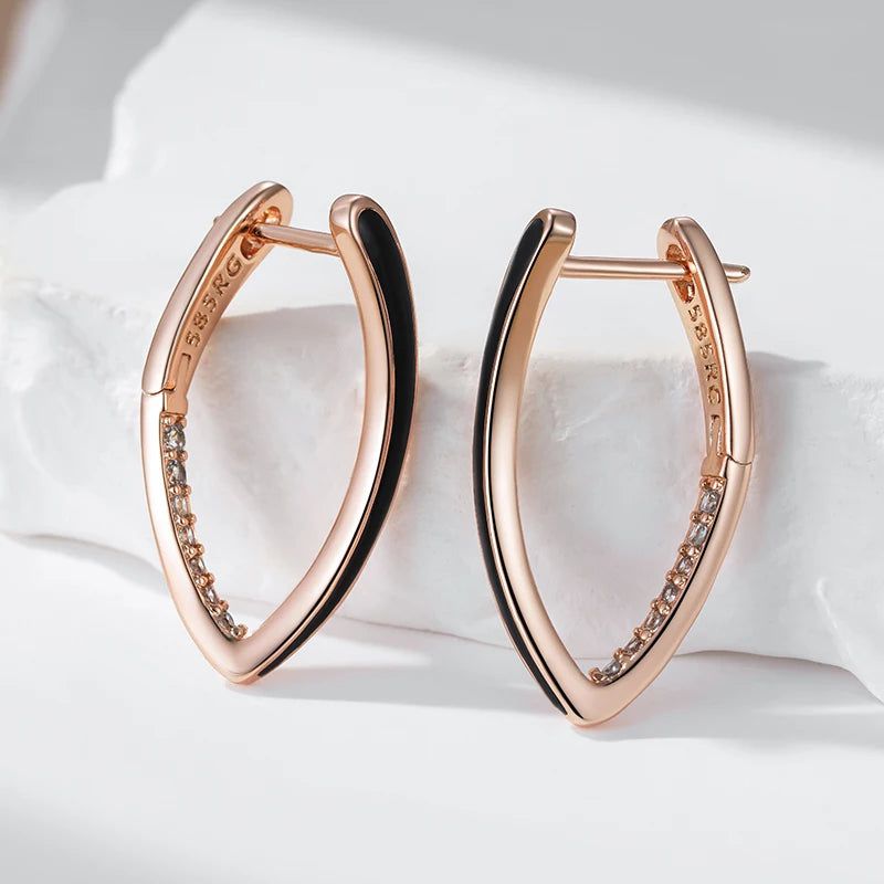 Elegant 585 Rose Gold Black Enamel Drop Earrings with Natural Zircon Accents