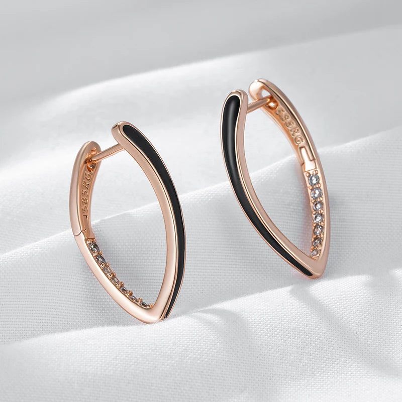 Elegant 585 Rose Gold Black Enamel Drop Earrings with Natural Zircon Accents