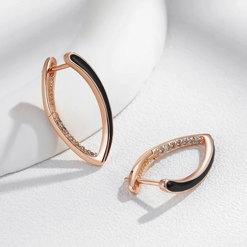 Elegant 585 Rose Gold Black Enamel Drop Earrings with Natural Zircon Accents