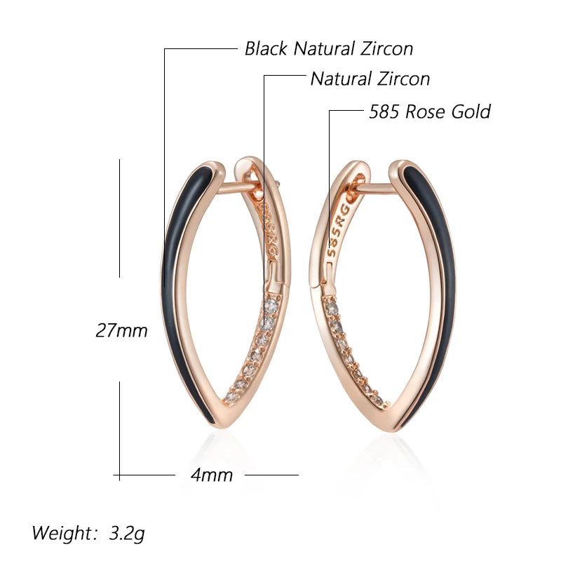 Elegant 585 Rose Gold Black Enamel Drop Earrings with Natural Zircon Accents