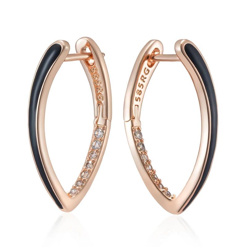 Elegant 585 Rose Gold Black Enamel Drop Earrings with Natural Zircon Accents