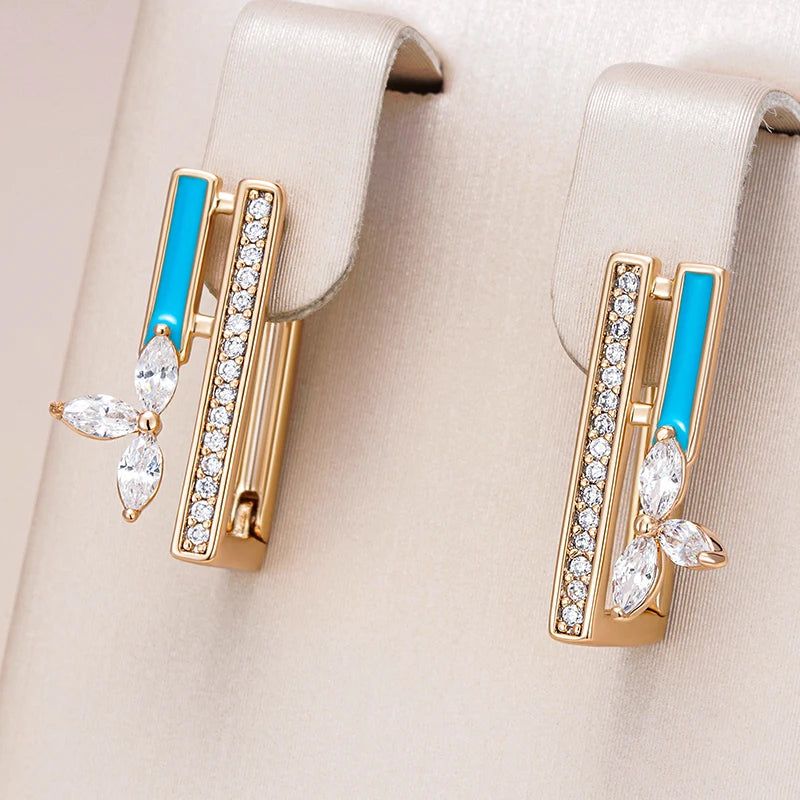 Elegant 585 Rose Gold Blue Enamel Drop Earrings with Natural Zircon Accents