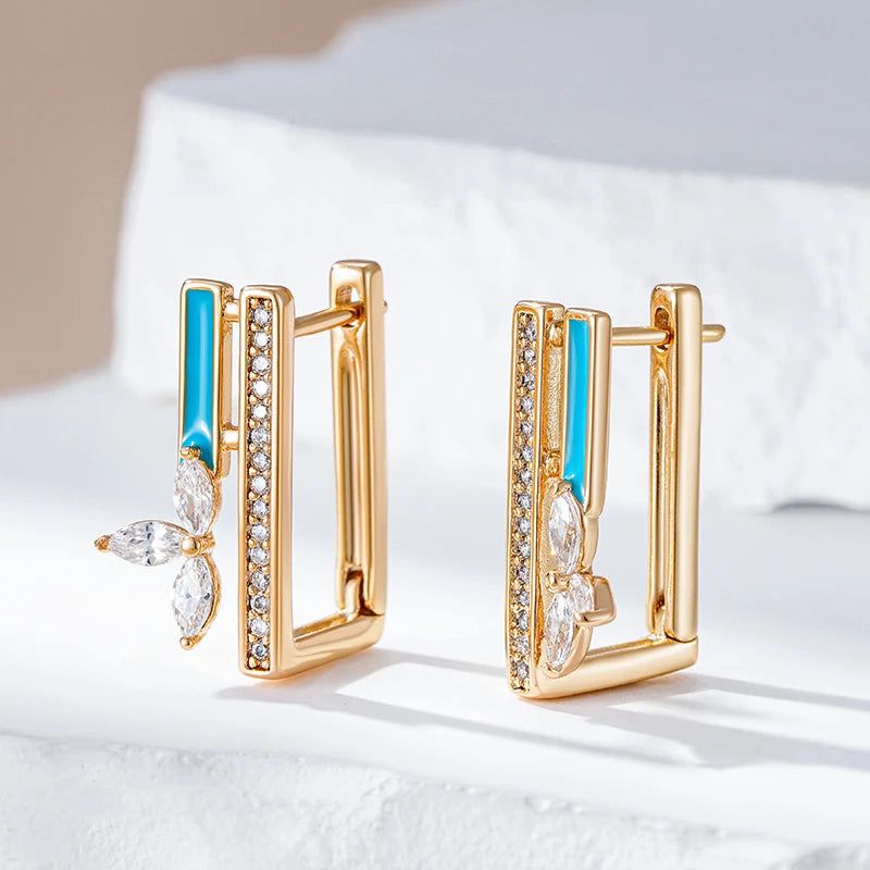 Elegant 585 Rose Gold Blue Enamel Drop Earrings with Natural Zircon Accents