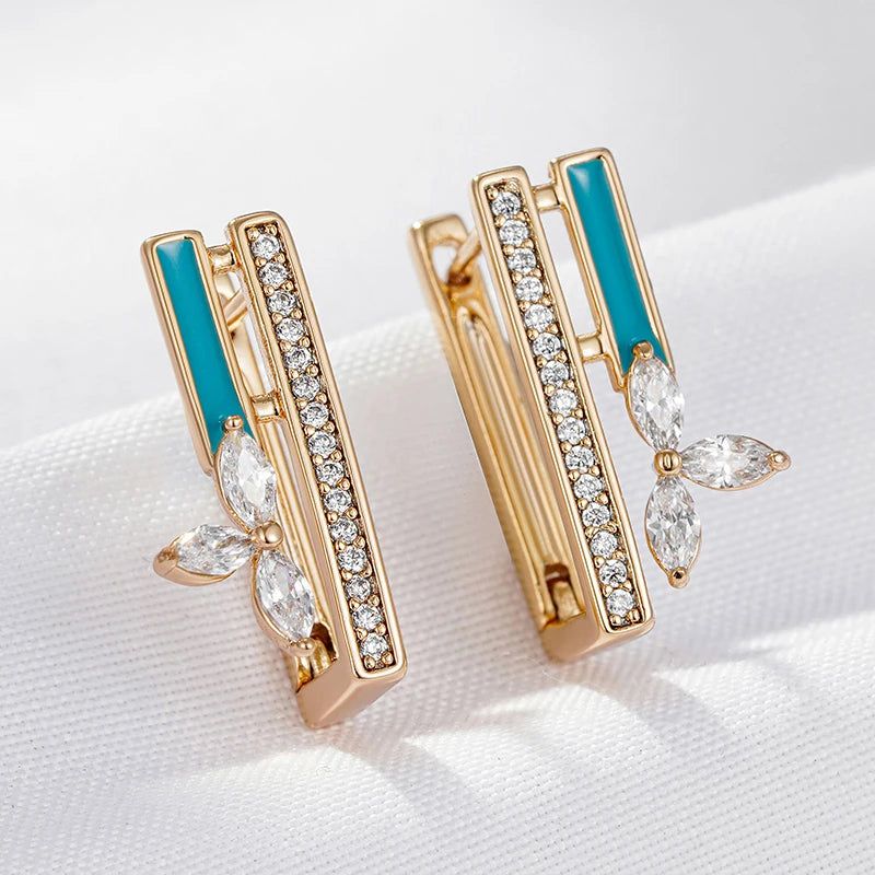 Elegant 585 Rose Gold Blue Enamel Drop Earrings with Natural Zircon Accents