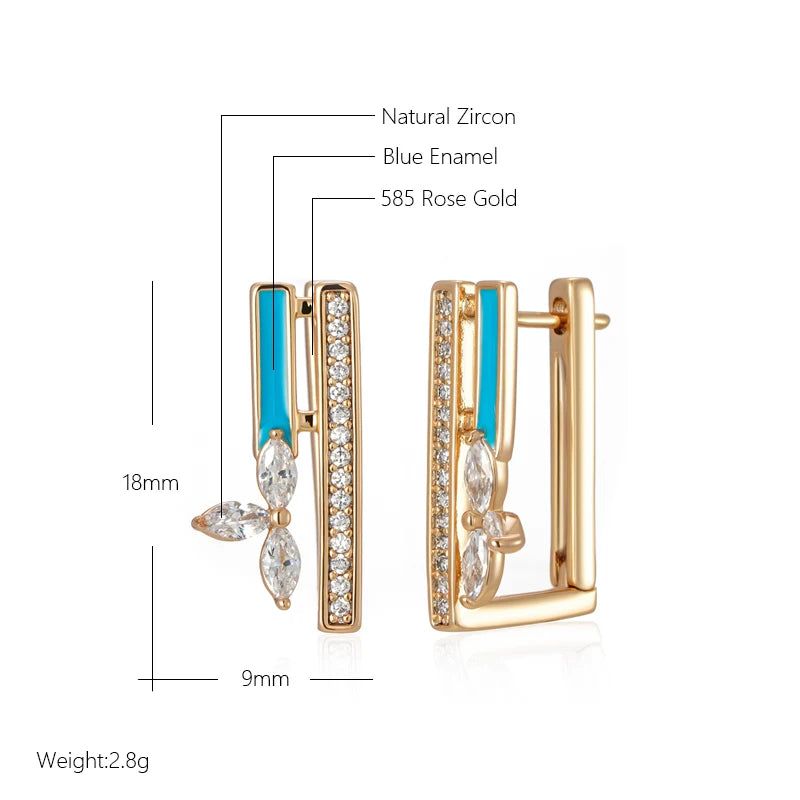 Elegant 585 Rose Gold Blue Enamel Drop Earrings with Natural Zircon Accents