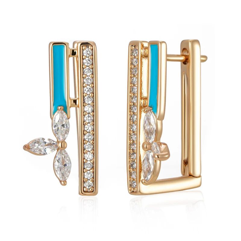 Elegant 585 Rose Gold Blue Enamel Drop Earrings with Natural Zircon Accents