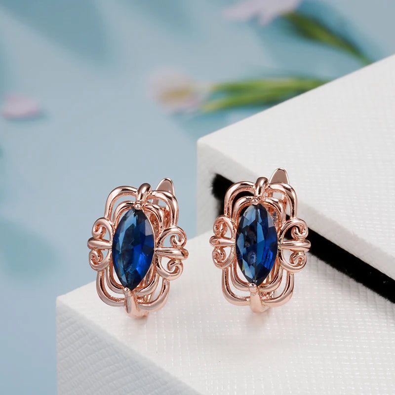 Elegant 585 Rose Gold Blue Rhombus Zircon Flower Stud Earrings - Vintage-Inspired Jewelry