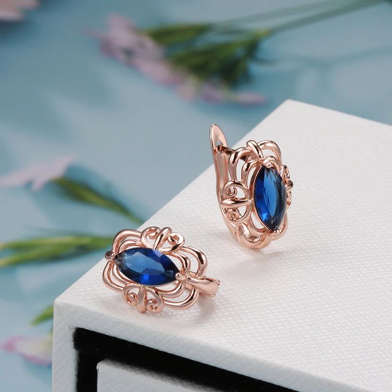 Elegant 585 Rose Gold Blue Rhombus Zircon Flower Stud Earrings - Vintage-Inspired Jewelry