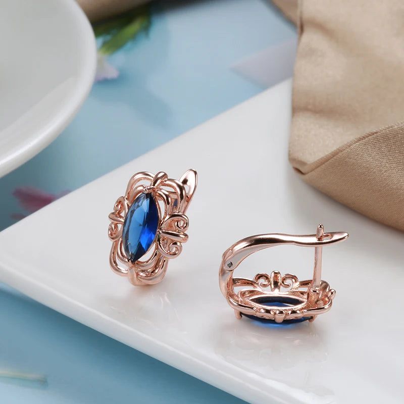 Elegant 585 Rose Gold Blue Rhombus Zircon Flower Stud Earrings - Vintage-Inspired Jewelry