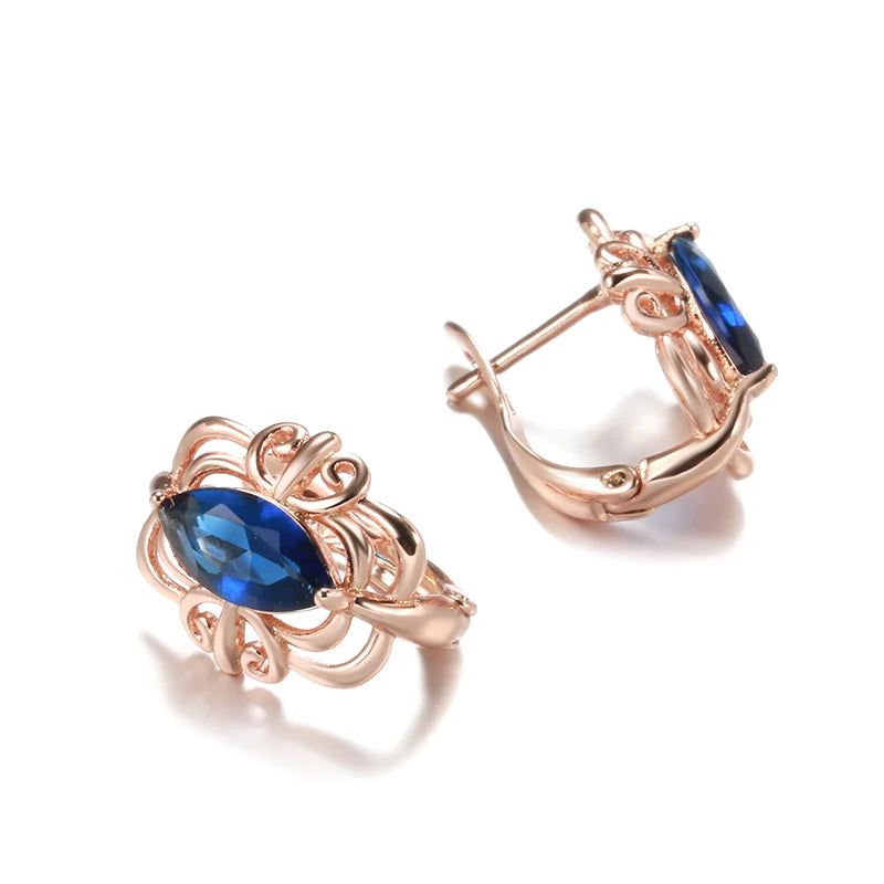 Elegant 585 Rose Gold Blue Rhombus Zircon Flower Stud Earrings - Vintage-Inspired Jewelry