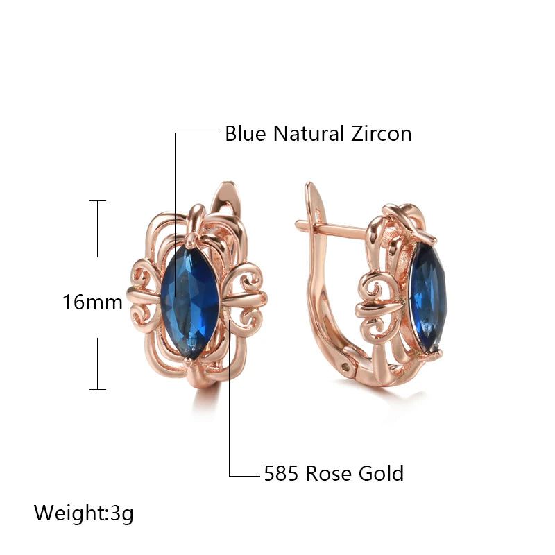 Elegant 585 Rose Gold Blue Rhombus Zircon Flower Stud Earrings - Vintage-Inspired Jewelry