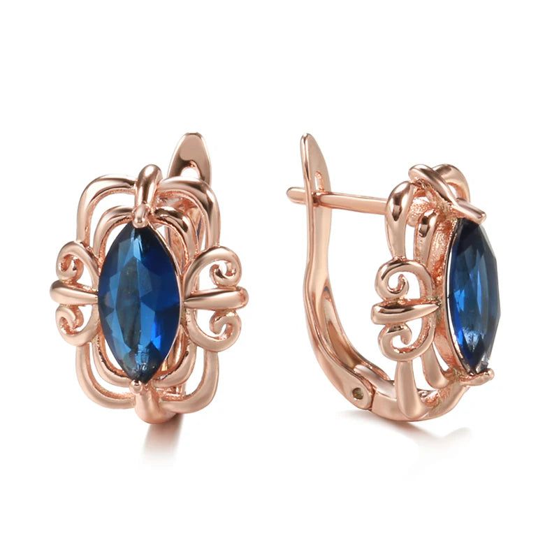 Elegant 585 Rose Gold Blue Rhombus Zircon Flower Stud Earrings - Vintage-Inspired Jewelry