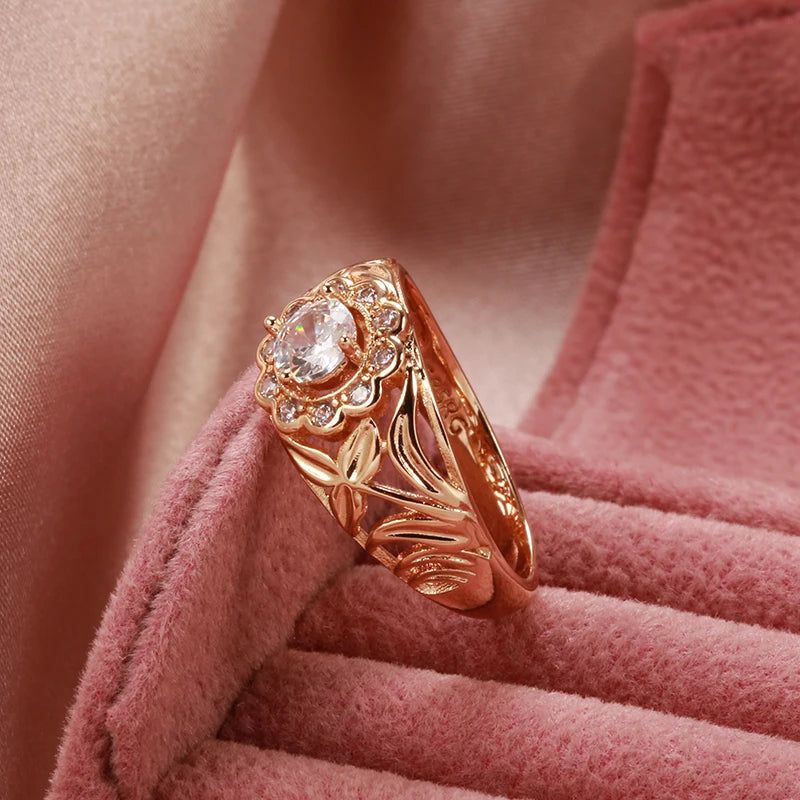 Elegant 585 Rose Gold Bridal Ring with Natural Zircon and Micro Wax Inlay