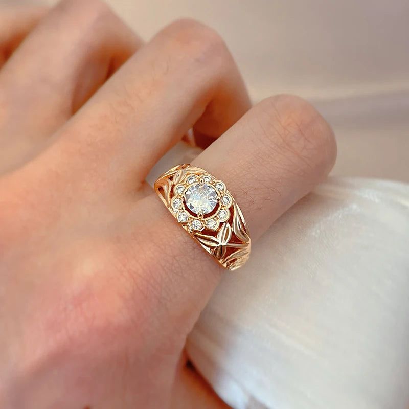 Elegant 585 Rose Gold Bridal Ring with Natural Zircon and Micro Wax Inlay