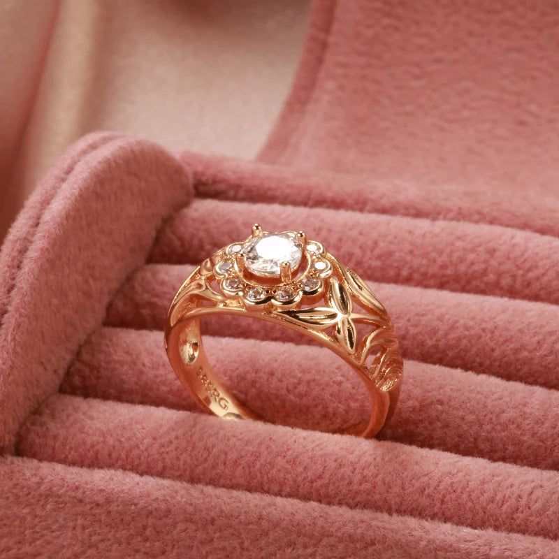 Elegant 585 Rose Gold Bridal Ring with Natural Zircon and Micro Wax Inlay