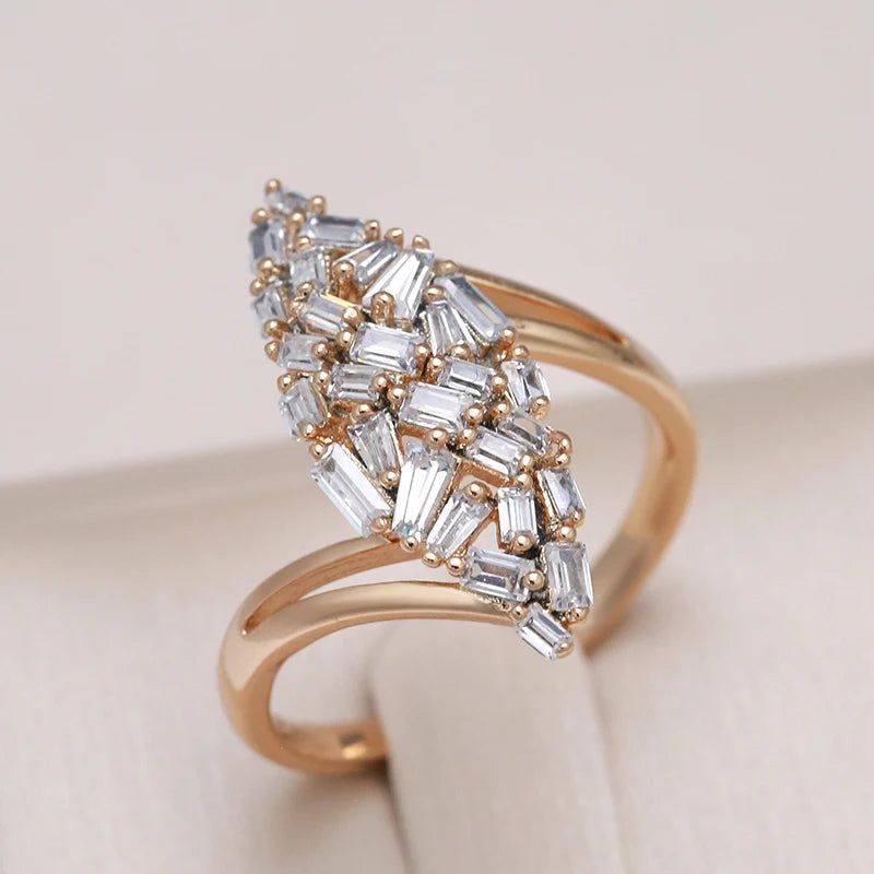 Elegant 585 Rose Gold Cocktail Ring with Hollow Rhombus Design and Natural Zircon