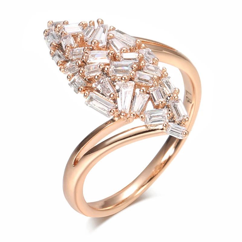 Elegant 585 Rose Gold Cocktail Ring with Hollow Rhombus Design and Natural Zircon