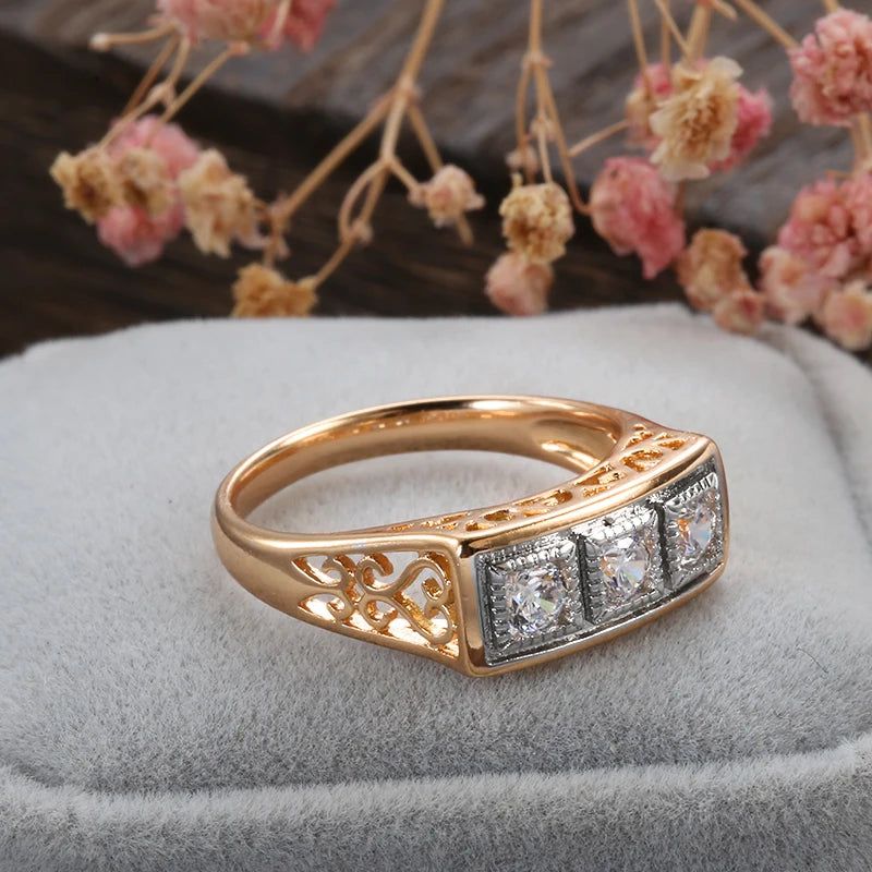 Elegant 585 Rose Gold Cocktail Ring with Micro-Wax Inlay and Natural Zircon Stones