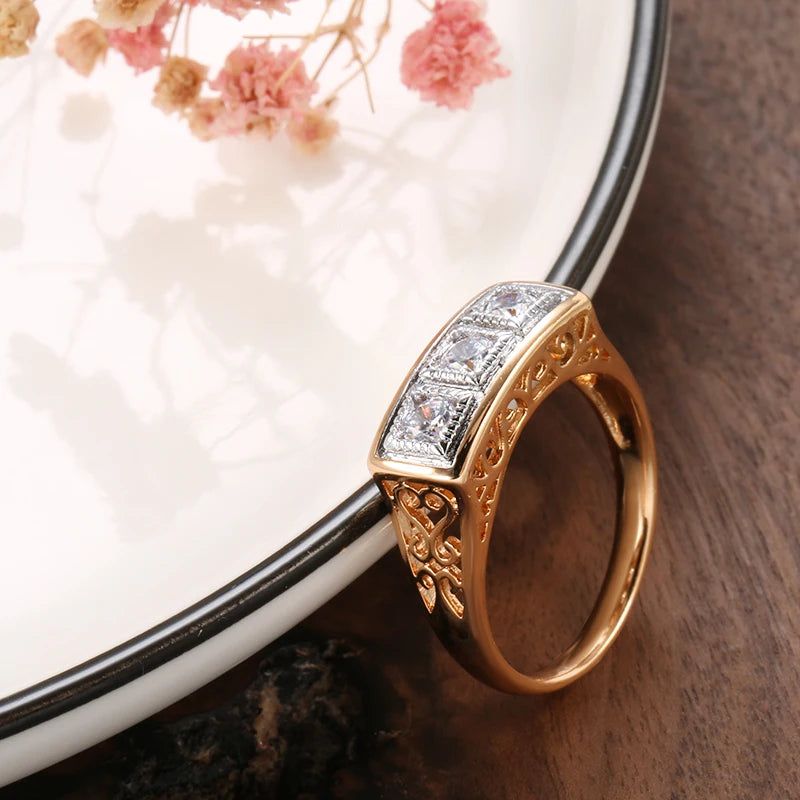 Elegant 585 Rose Gold Cocktail Ring with Micro-Wax Inlay and Natural Zircon Stones