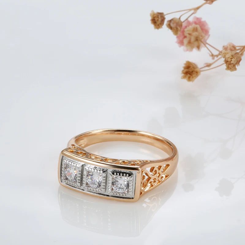 Elegant 585 Rose Gold Cocktail Ring with Micro-Wax Inlay and Natural Zircon Stones