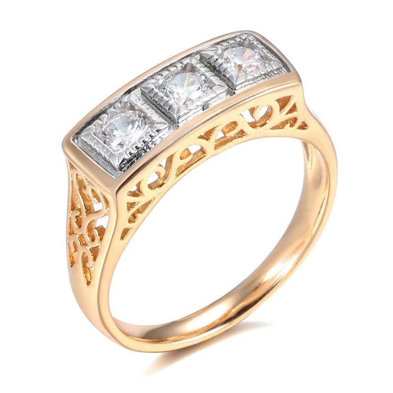 Elegant 585 Rose Gold Cocktail Ring with Micro-Wax Inlay and Natural Zircon Stones