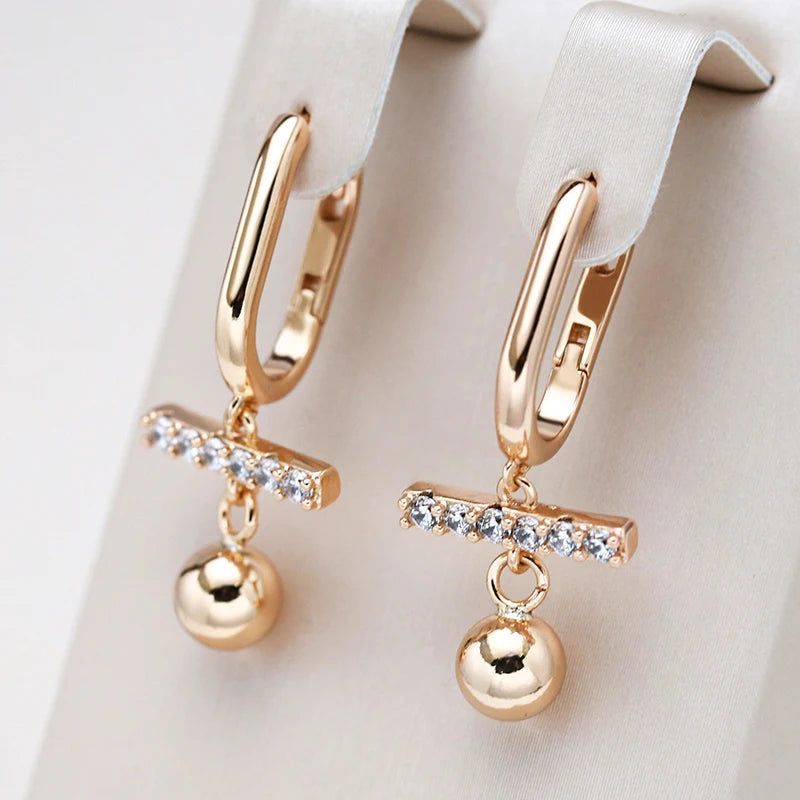 Elegant 585 Rose Gold Color Drop Earrings with Natural Zircon - Trendy Hoop Jewelry