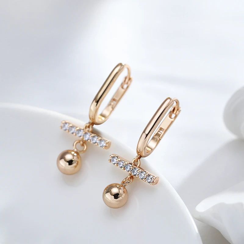 Elegant 585 Rose Gold Color Drop Earrings with Natural Zircon - Trendy Hoop Jewelry