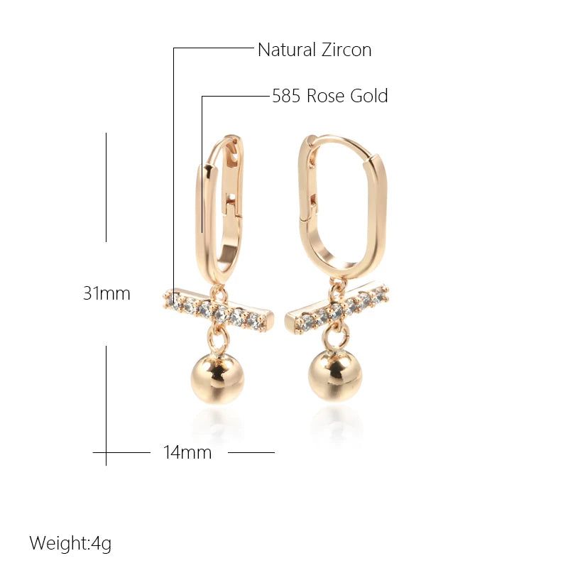 Elegant 585 Rose Gold Color Drop Earrings with Natural Zircon - Trendy Hoop Jewelry