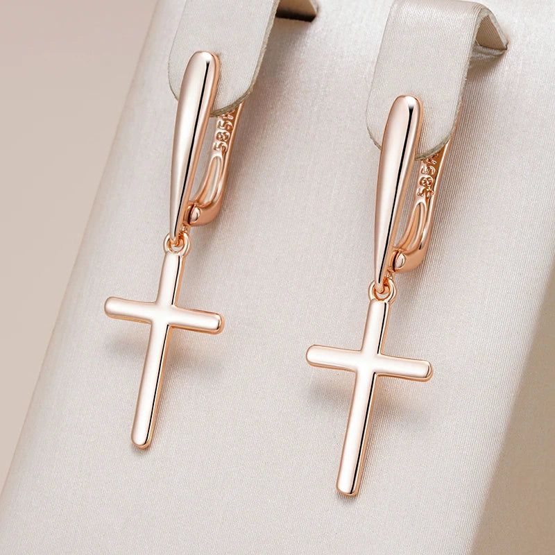 Elegant 585 Rose Gold Cross Dangle Earrings - High-Quality Fashion Jewelry