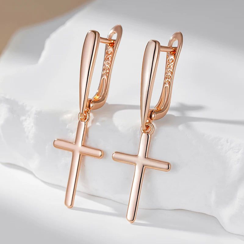 Elegant 585 Rose Gold Cross Dangle Earrings - High-Quality Fashion Jewelry