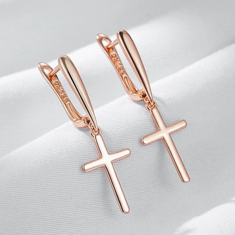 Elegant 585 Rose Gold Cross Dangle Earrings - High-Quality Fashion Jewelry