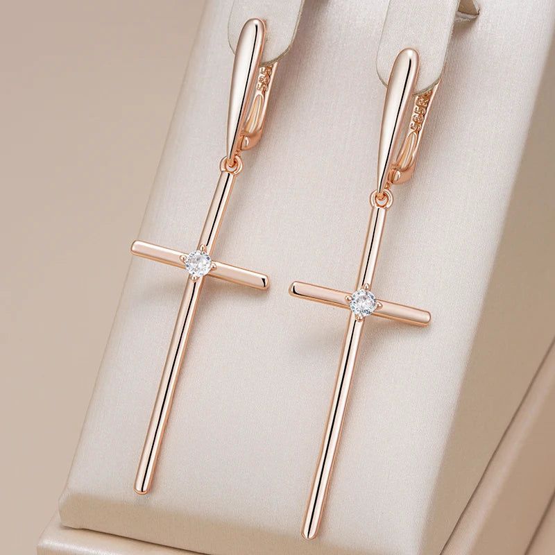 Elegant 585 Rose Gold Cross Long Drop Earrings with Natural Zircon - Fashionable Religious Jewelry