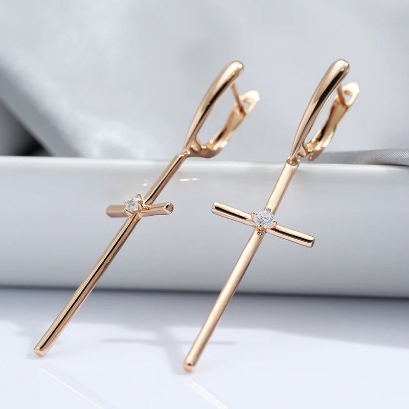 Elegant 585 Rose Gold Cross Long Drop Earrings with Natural Zircon - Fashionable Religious Jewelry