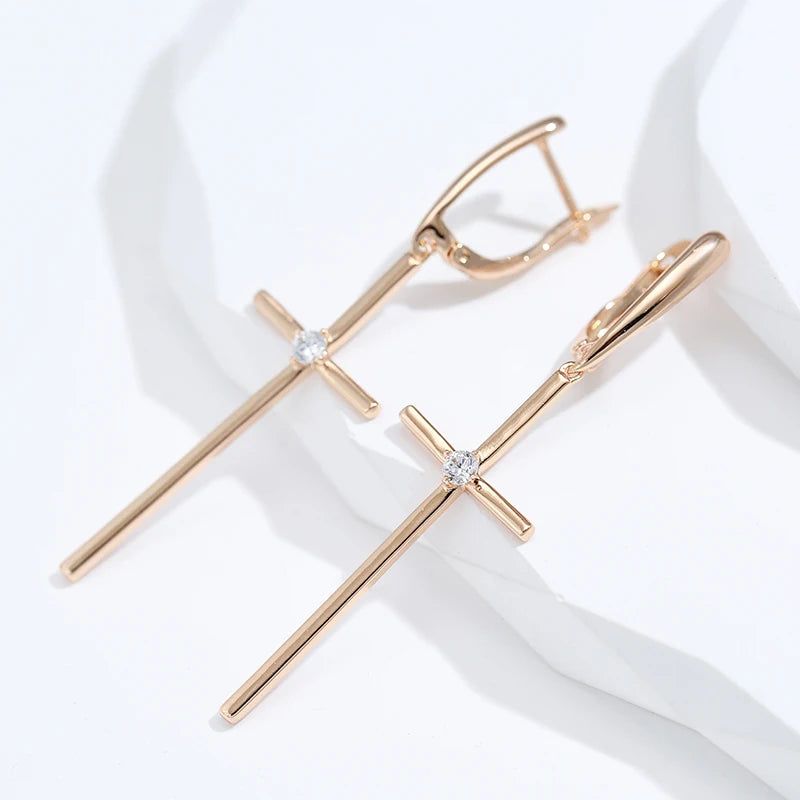 Elegant 585 Rose Gold Cross Long Drop Earrings with Natural Zircon - Fashionable Religious Jewelry