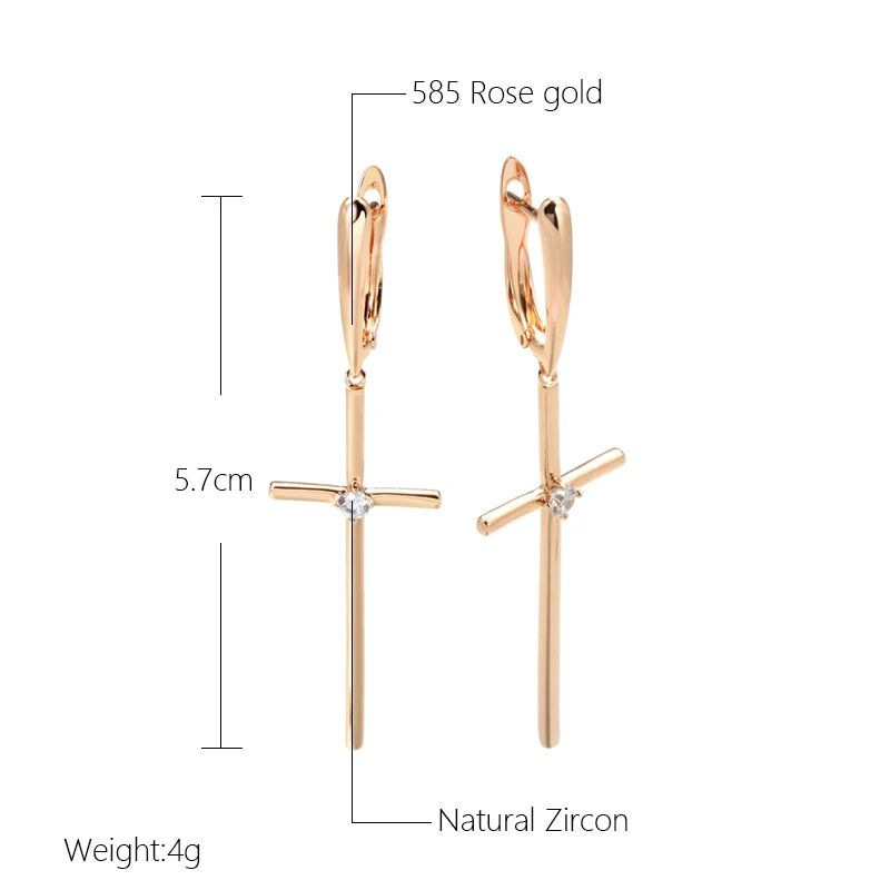 Elegant 585 Rose Gold Cross Long Drop Earrings with Natural Zircon - Fashionable Religious Jewelry