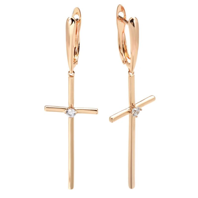 Elegant 585 Rose Gold Cross Long Drop Earrings with Natural Zircon - Fashionable Religious Jewelry