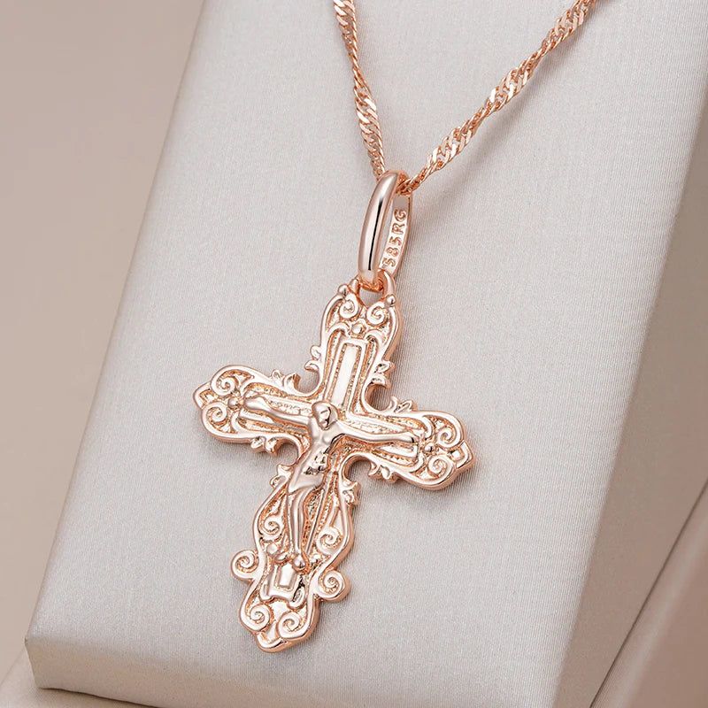 Elegant 585 Rose Gold Cross Pendant Necklace for Men - Orthodox Church Jesus Charm Jewelry