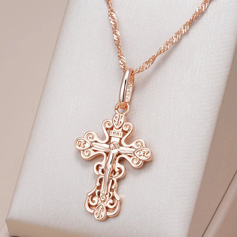 Elegant 585 Rose Gold Cross Pendant Necklace for Men - Orthodox Church Jesus Charm Jewelry