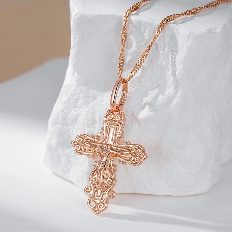 Elegant 585 Rose Gold Cross Pendant Necklace for Men - Orthodox Church Jesus Charm Jewelry