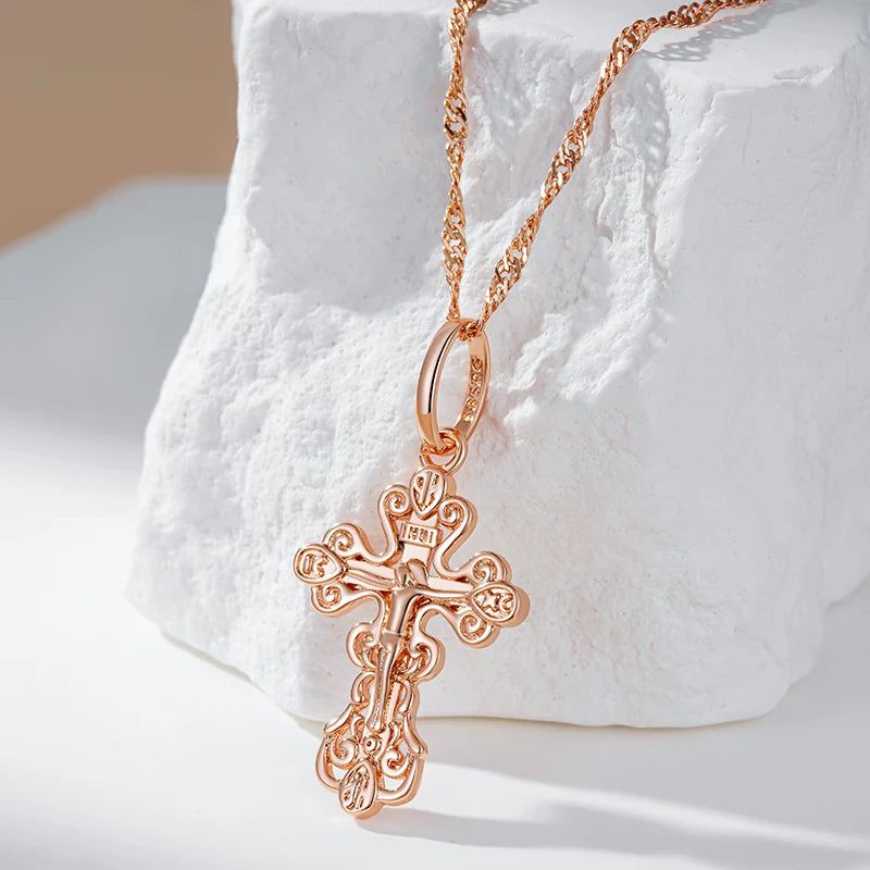 Elegant 585 Rose Gold Cross Pendant Necklace for Men - Orthodox Church Jesus Charm Jewelry