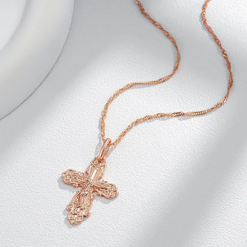 Elegant 585 Rose Gold Cross Pendant Necklace for Men - Orthodox Church Jesus Charm Jewelry